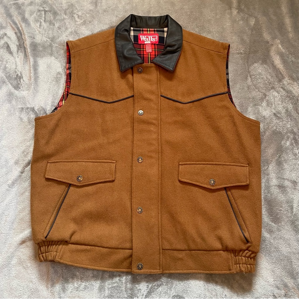 Walls XL Brown Wool Blend Vest Plaid Lined Outdoor Workwear EUC